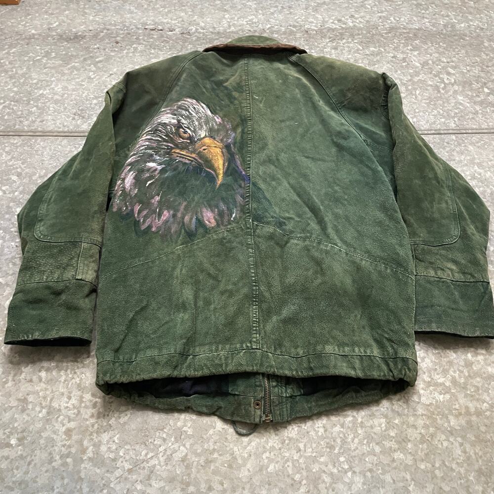 Vintage Hand Painted American Eagle Green Leather Jacket Medium G4000 90s Grunge